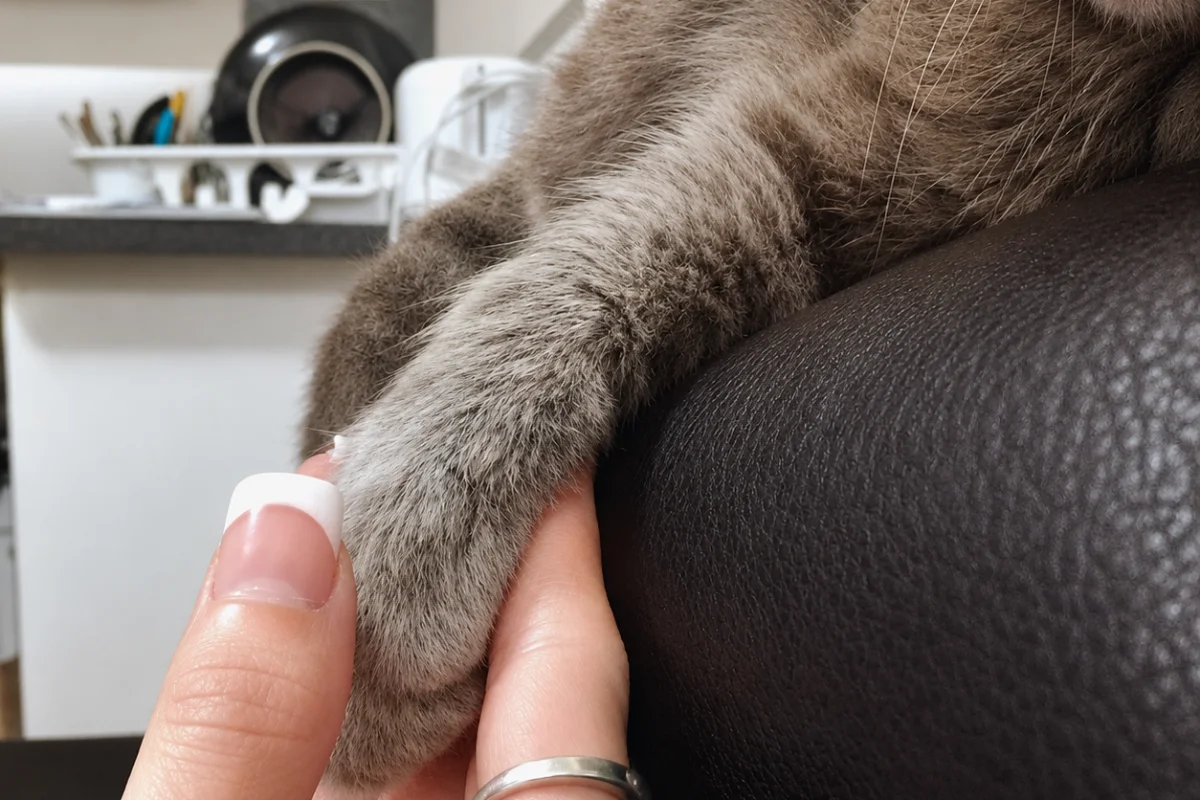 Close-up of a cat’s paw resting gently in a person’s hand, capturing a quiet moment of comfort, companionship, and affection.
