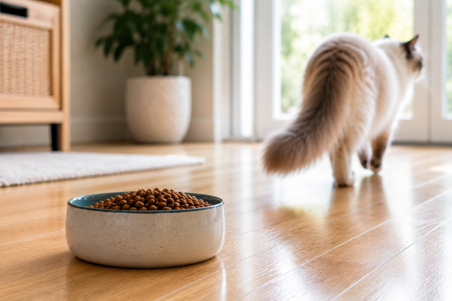 Cat showing reduced appetite near a food bowl