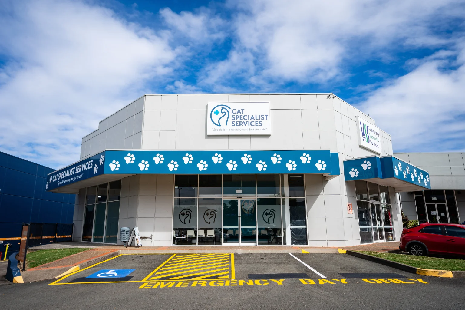 Cat Specialist Services veterinary hospital exterior with emergency parking bay.