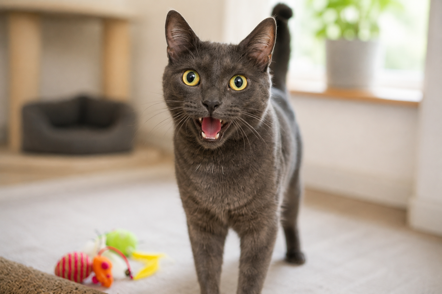 Grey cat meowing while standing beside toys in a home living area
